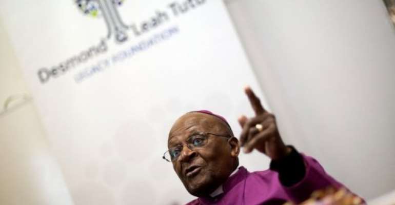 Nobel Prize Peace Laureate Archbishop Desmond Tutu speaks at a ceremony, on August 20, 2013, in Bellville, Cape Town. By Rodger Bosch (AFP/File)