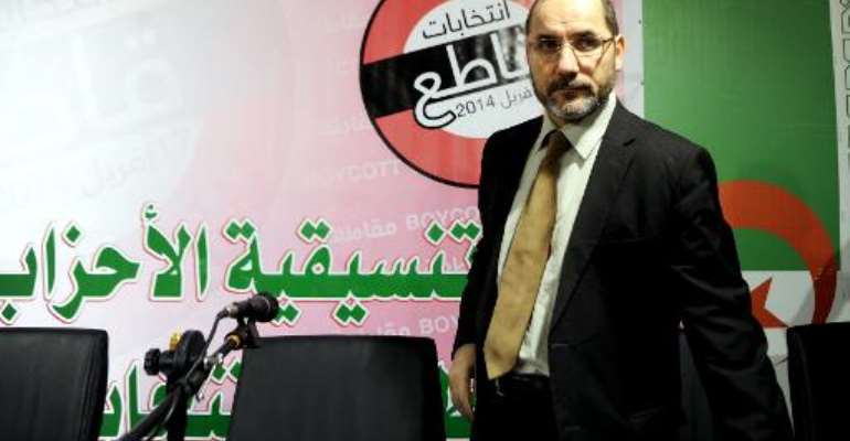 The president of the Movement for the Society of Peace (MSP), the Algerian branch of the Muslim Brotherhood, Abderrezak Mokri arrives for a press conference on April 11, 2014 in the capital Algiers. By Farouk Batiche (AFP)