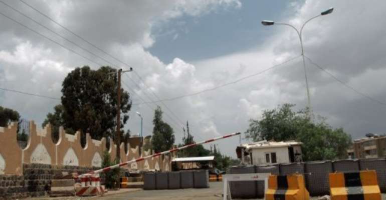 A checkpoint leading to the US embassy compound in the Yemeni capital Saana is seen on August 3, 2013. By Mohammed Huwais (AFP)