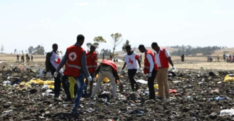Red Cross teams work through the debris of an Ethiopian Airlines plane which crashed shortly after take-off from Addis Ababa, killing all 157 on board. By Michael TEWELDE (AFP)