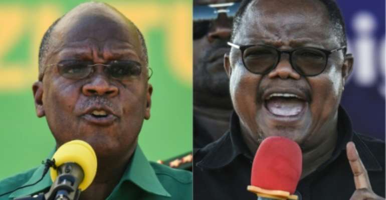 Re-elected president John Magufuli, left, and opposition leader Tundu Lissu, who was shot 16 times in a 2017 attack. By ERICKY BONIPHACE (AFP/File)