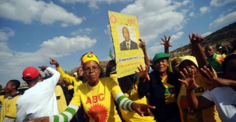 Supporters of Thomas Thabane, All Basotho Convention (ABC), celebrate in Maseru. By Alexander Joe (AFP/File)