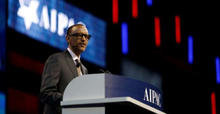 Rwandan president Paul Kagame speaks during the American Israel Public Affairs Committee policy conference in Washington. By Andrew Biraj (AFP)