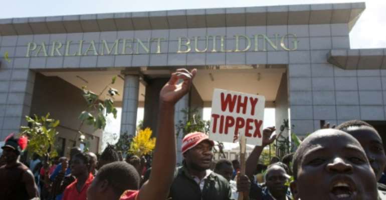 The election was marred by allegations of fraud, including that results were altered using typewriter correction fluid. Protests have broken out sporadically since the result. By AMOS GUMULIRA (AFP)