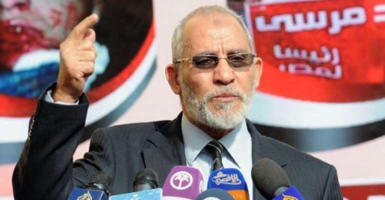 Mohammed Badie speaks during a press conference at the party's headquarters in Cairo on August 8, 2012. By Mahmoud Khaled (AFP/File)