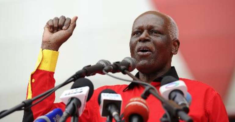 A photo taken on August 29, 2012 shows Angolan President Jose Eduardo dos Santos Angolan delivering a speech during his final election campaign rally in Kilamba Kaixi, on the outskirts of Luanda. By Stephane de Sakutin (AFP/File)