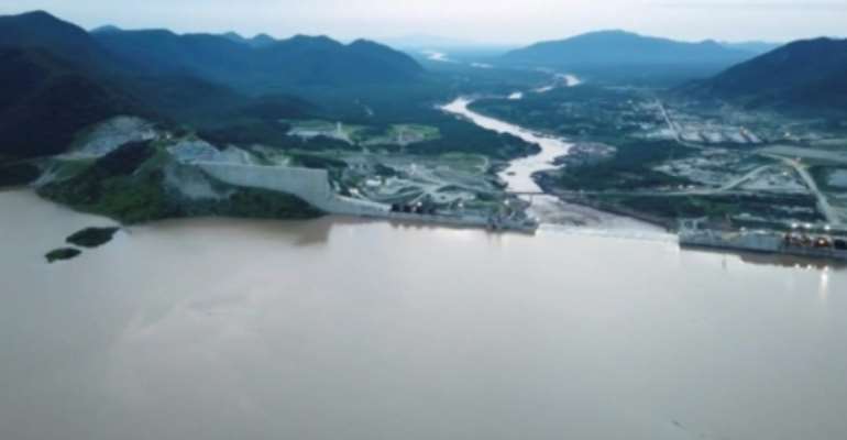 Water levels at the Grand Ethiopian Renaissance Dam in Guba, Ethiopia in July 2020 as Prime Minister Abiy Ahmed announces the