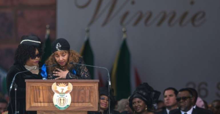 Zindzi Mandela, left, and her sister Zenani Mandela-Dlamini, at the funeral of their mother, Winnie Madikizela-Mandela in April 2018. By Wikus DE WET (AFP)