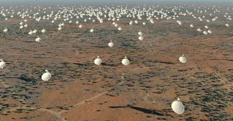 The Square Kilometer Array telescope will revolutionize our understanding of the universe. This computer-generated image shows how some of its 3,000 dishes would look on site.