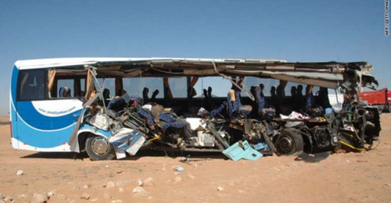 Authorities in Egypt say a tour bus carrying 37 tourists crashed into a parked dump truck in Aswan, Egypt.