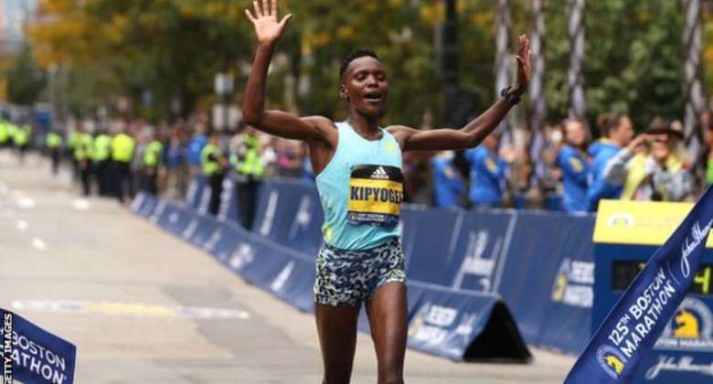 Diana Kipyokei won the women's race at the 2021 Boston Marathon in a time of two hours 24 minutes and 45 seconds
