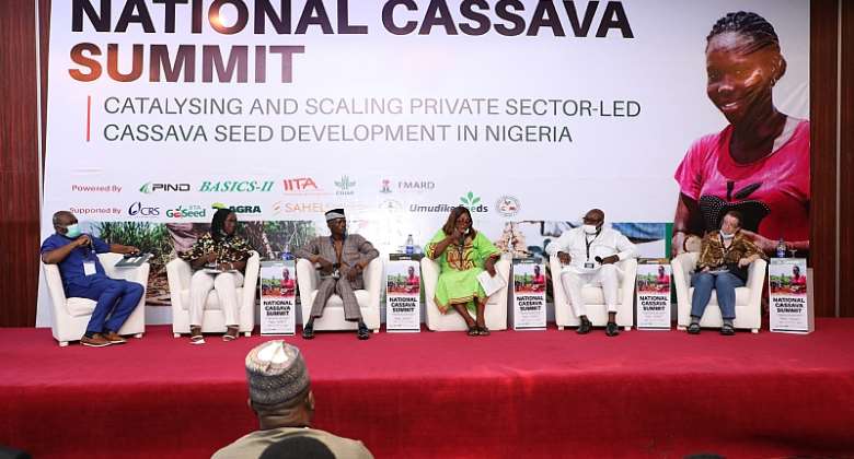 L-R:  Chyka Okater (Winrock), Yemisi Iranloye (MD Psaltry), Ajibola Johnson (Cassava Seed Producer â€“ CSE), Blessing Chichi(CSE), George Ajabor (CSE), Christine Kreye (IITA) at National Cassava Summit in Abuja
