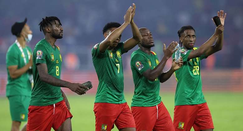 Cameroon players celebrate after winning the opening match of the Africa Cup of Nations 2021 on home ground. - Source: Kenzo TribouillardAFP via Getty Images