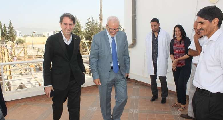 HAF President, Dr. Yossef Ben-Meir left and USMBA President, Dr. Omar Assobhei right, visiting the construction site of the university's new hub for innovation