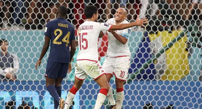 Wahbi Khazri of Tunisia celebrates after scoring their team's first goal during the FIFA World Cup Qatar 2022 Group D match between Tunisia and France at Education City Stadium on November 30, 2022 in Al Rayyan, Qatar. Photo by Sarah Stier - FIFAFIFAImage credit: Getty Images