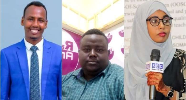 Qardho Media journalist, Mohamud Abdirisak left, Radio Anfa director, Guled Abdirisak Kibonge centre and SBC TV reporter, Habibo Ladan Abdi right.  PHOTOSJSCombined.