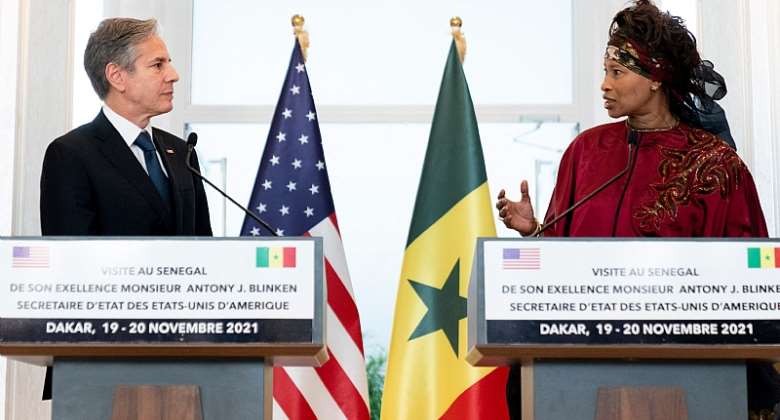 Senegalese foreign minister Aissata Tall Sall and US secretary of state Antony Blinken at a news conference. - Source: Photo by Andrew Harnik/Pool/AFP via Getty Images