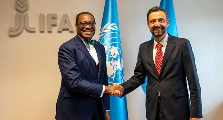 African Development Bank Group president Akinwumi Adesina left and International Fund for Agricultural Development IFAD President Alvaro Lario