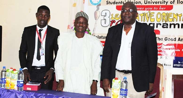 L-R: The Speaker Of The Students Representative Council, University Of Ilorin, Rt. Hon. Mumeen Kabir Alawaye; The Guest Lecturer, Hon. Abdul Wahab Omotoshe And The Dean, Student Affairs Unit Of The University, Prof. Abayomi Omotesho During The Programme