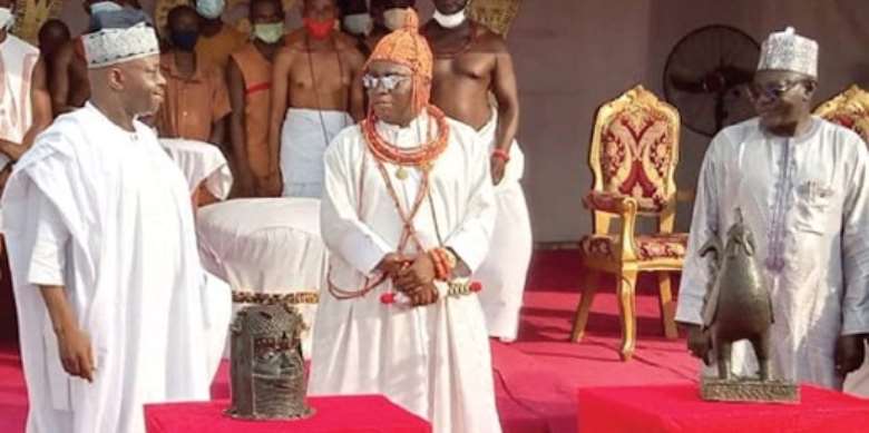 Oba of Benin, Ewuare II, receives two Benin artefacts, Okwukor and a commemorative head of an Oba, returned by Jesus College, Cambridge, United Kingdom, and University of Aberdeen, United Kingdom.