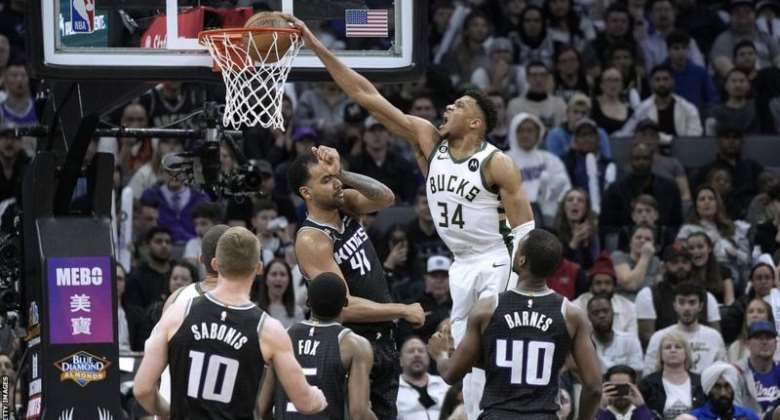 Giannis Antetokounmpo also had 12 rebounds and four assists against Sacramento Kings