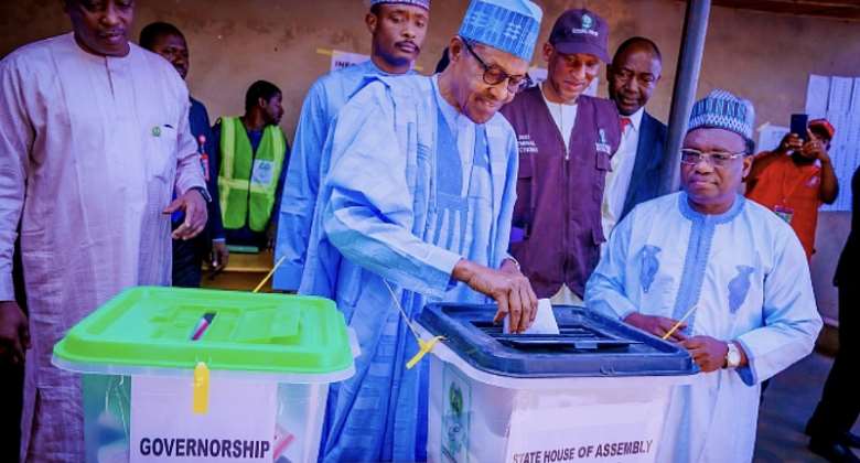 H.E Muhammadu Buhari, casting his vote in Nigeria's gubernatorial elections on Saturday, March 18