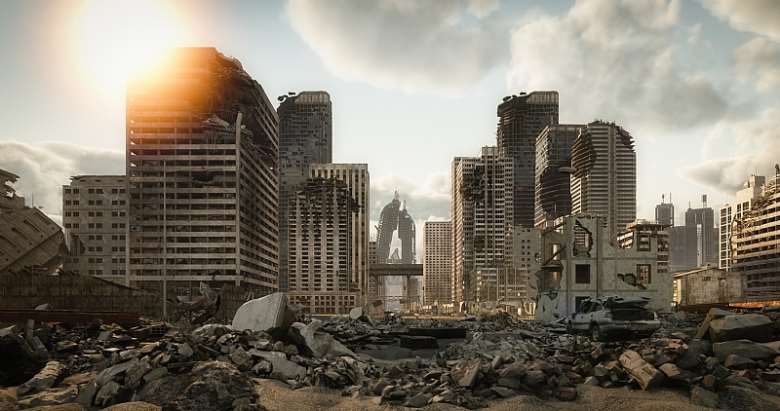 This is a digitally generated image of what a city might look like after a war. - Source: Getty Images