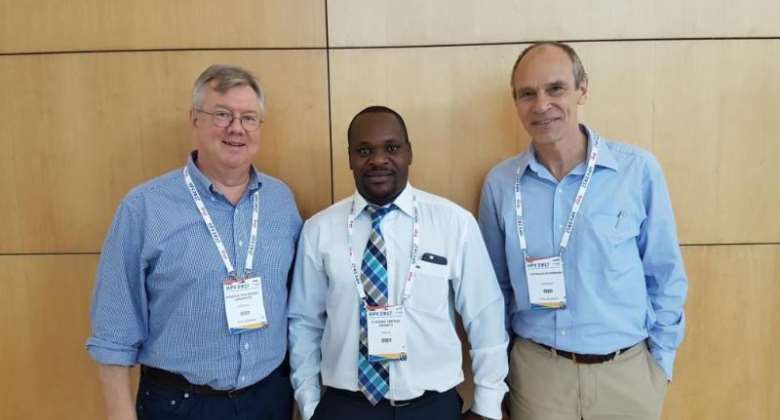 from left to right Magnus von Knebel Doeberitz, Medical Director, Department of Applied Tumor Biology, Institute of Pathology,Heidelberg University Hospital; Elkanah Omenge Orang'o of Moi University, Nairobi; and Hermann Bussmann, Research Associate, Department of Immunology and Infectious Diseases, Harvard T.H. Chan School of Public Health.