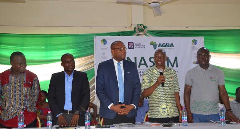 Prof. Emmanuel Bole, MCE Bolga East Assembly addressing the gathering, to his right is Prof Albert Luguterah and on his left is GSA, Director-General, Prof Alex Dodoo