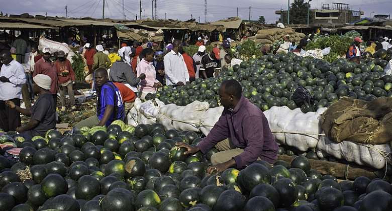 A water melon stall in the Makongeni market in Thika town -- a typical scene in Kenya.  - Source: Photo by In Pictures Ltd.Corbis via Getty Images