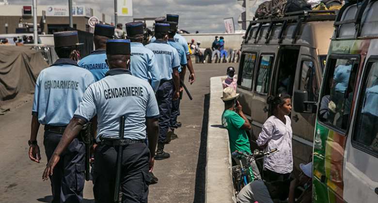 Gendarmes are seen in Antananarivo, Magascar, on April 7, 2020. Madagascar authorities recently jailed journalist Arphine Helisoa on false news and incitement allegations. AFPRijasolo