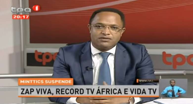Nuno Albino, Angolas secretary of state for media, is seen in an interview on state broadcaster Televiso Pblica de Angola, discussing the country's suspension of three TV channels for alleged registration issues. Photo: TPAYouTube