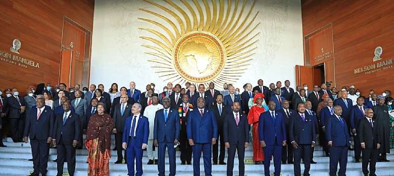 A large group of African leaders on stage at the AU Assembly of the Union in February 2022