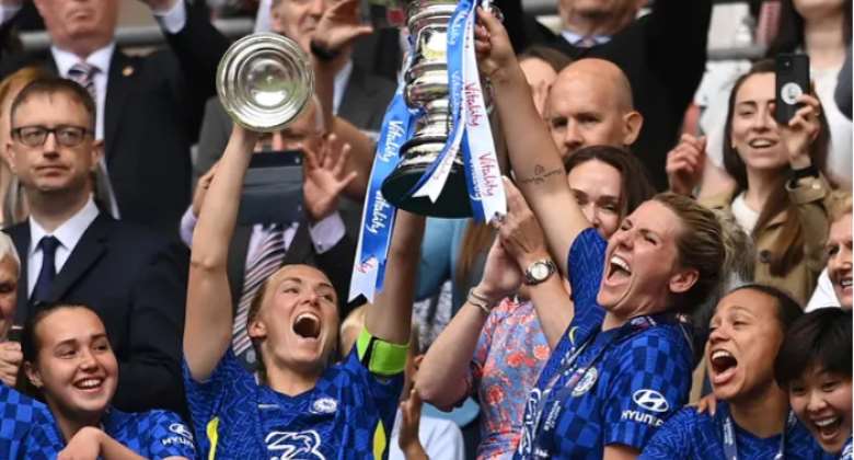 Magdalena Eriksson and Millie Bright lift the Women's FA Cup trophy after Chelsea's victory. Photograph: Michael ReganGetty Images