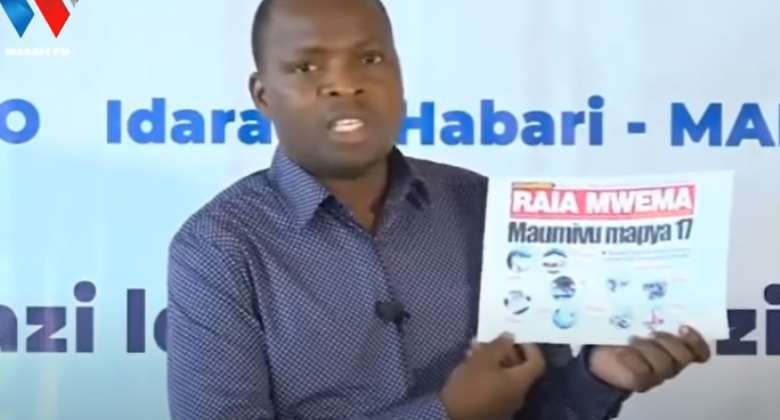 Tanzanian government spokesperson Gerson Msigwa is seen discussing the suspension of the Raia Mwema newspaper. Photo: YouTubeWasafi Media
