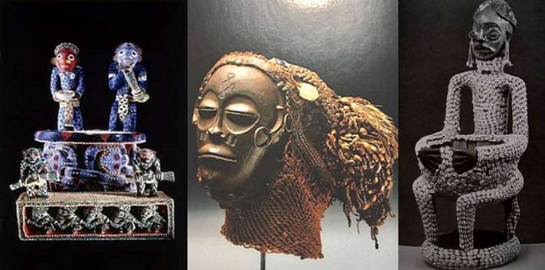 Mandu yenu , throne of King Njoya, Bamoun, Cameroon  Pwo Mask, Chokwe, Angola  Female founding dynastic ancestor Ngonso, Ngonso kingdom, Cameroon - all now in Humboldt Forum, Berlin, Germany.