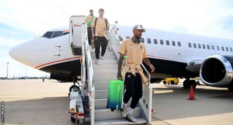 Pierre-Emerick Aubameyang leaves the aircraft after travelling with his Chelsea team-mates to Zagreb, Croatia