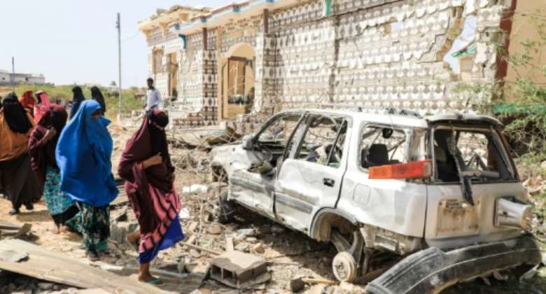 A house destroyed when Al-Shabaab militants attacked a police station on the outskirts of Mogadishu, Somalia in February 2022.  By Hassan Ali Elmi AFPFile
