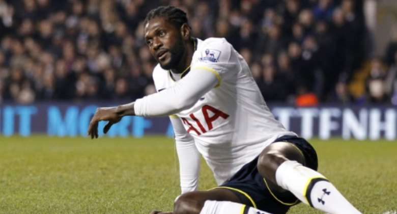 Togolese striker Emmanuel Adebayor in action during Tottenham Hotspur's FA Cup match against Leicester City at White Hart Lane in London, on January 24, 2015.  By Ian Kington AFPFile
