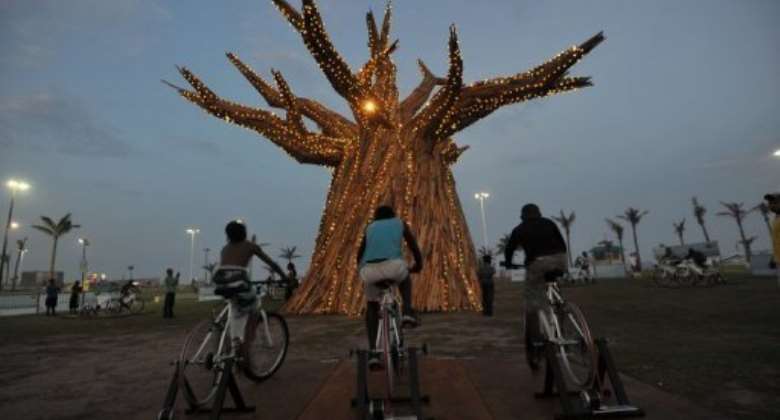 South Africans light up a baobab tree in Durban by riding bikes.  By Alexander Joe AFP