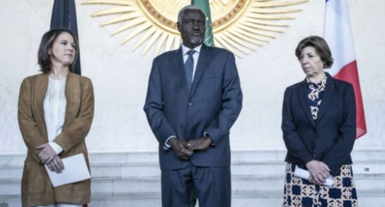German Foreign Minister Annalena Baerbock, African Union Commission chief Moussa Faki Mahamat and French Foreign Minister Catherine Colonna met at the African Union headquarters in Addis Ababa.  By Amanuel Sileshi AFP