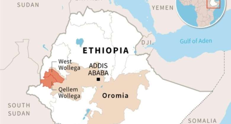 Map of Ethiopia locating the areas of West Wollega and Qellem Wollega in the region of Oromia.  By Jonathan WALTER AFP