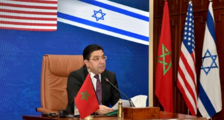 Moroccan Foreign Minister Nasser Bourita takes part in a virtual meeting with his US and Israeli counterparts.  By - AFP