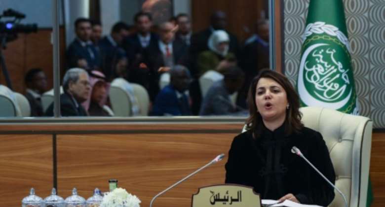 Najla al-Mangoush, foreign minister in the Tripoli-based administration, condemned 'attempts by certain sides to crush Libyans' desire to transform Arab solidarity into a reality'.  By Mahmud Turkia AFP