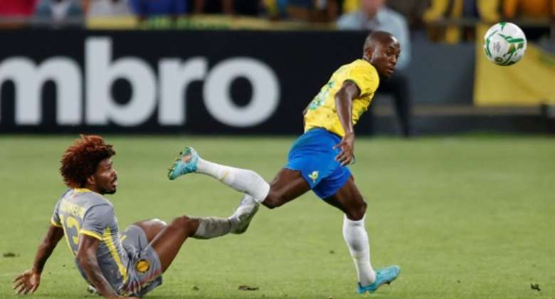 Namibian Peter Shalulile R scored in the South African Premiership on his return to the Mamelodi Sundowns side after a long injury absence..  By Phill Magakoe AFP