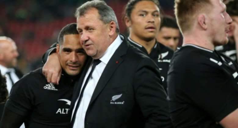 New Zealand's coach Ian Foster C with scrum-half Aaron Smith R after the Springboks win.  By PHILL MAGAKOE AFP