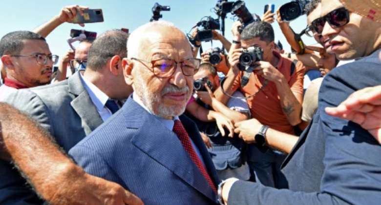 Rached Ghannouchi, head of Tunisia's Islamist Ennahda party, arrives for questioning in July, 2022 in a separate anti-terrorist unit probe.  By FETHI BELAID AFPFile