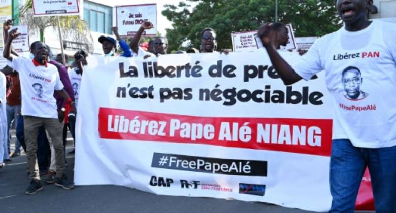 Senegalese journalists held a protest in Dakar in November calling for the release of their colleague Pape Ale Niang.  By SEYLLOU AFPFile