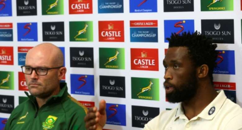 South Africa coach Jacques Nienaber, left, and captain Siya Kolisi say ill-discipline cost them victory against the Wallabies.  By Patrick HAMILTON AFP