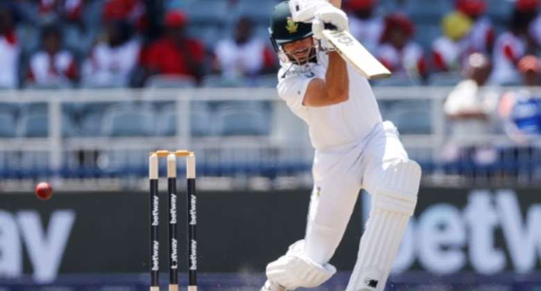 South African opener Aiden Markram 'shows the maker's name' on his way to 96 in the second Test against West Indies at The Wanderers.  By PHILL MAGAKOE AFP